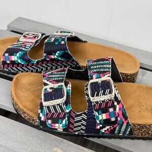 Aztec Print Cork Footbed Buckle Sandals Boho Festival Womens Size 8 Slip On
